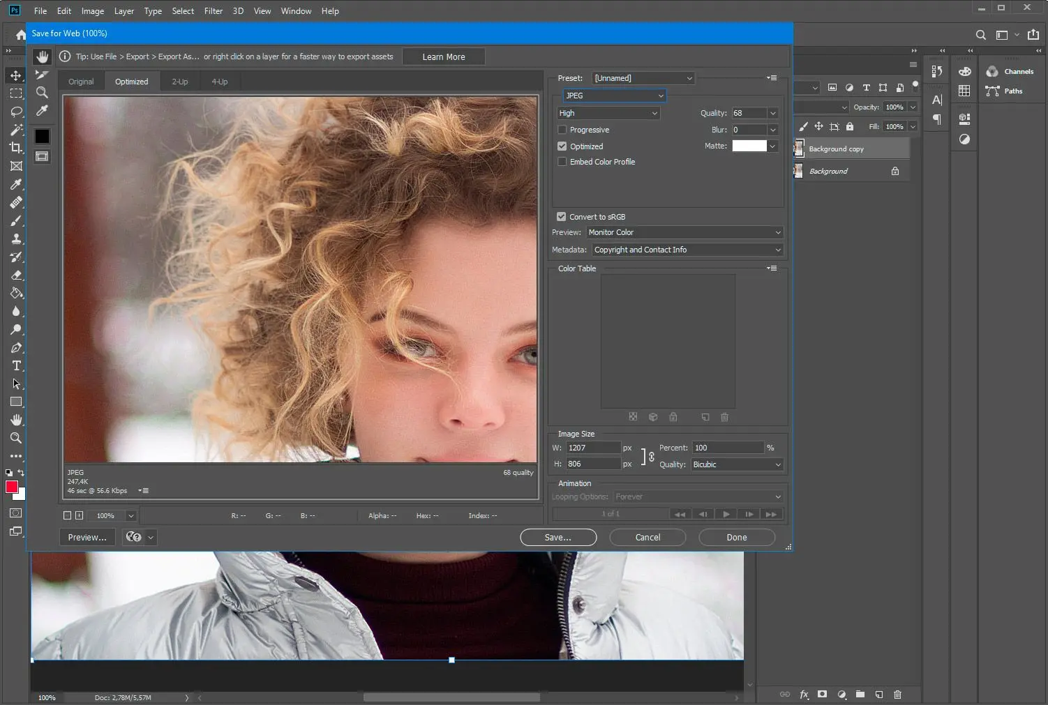 Adobe Photoshop. Finestra di salvataggio per il web..