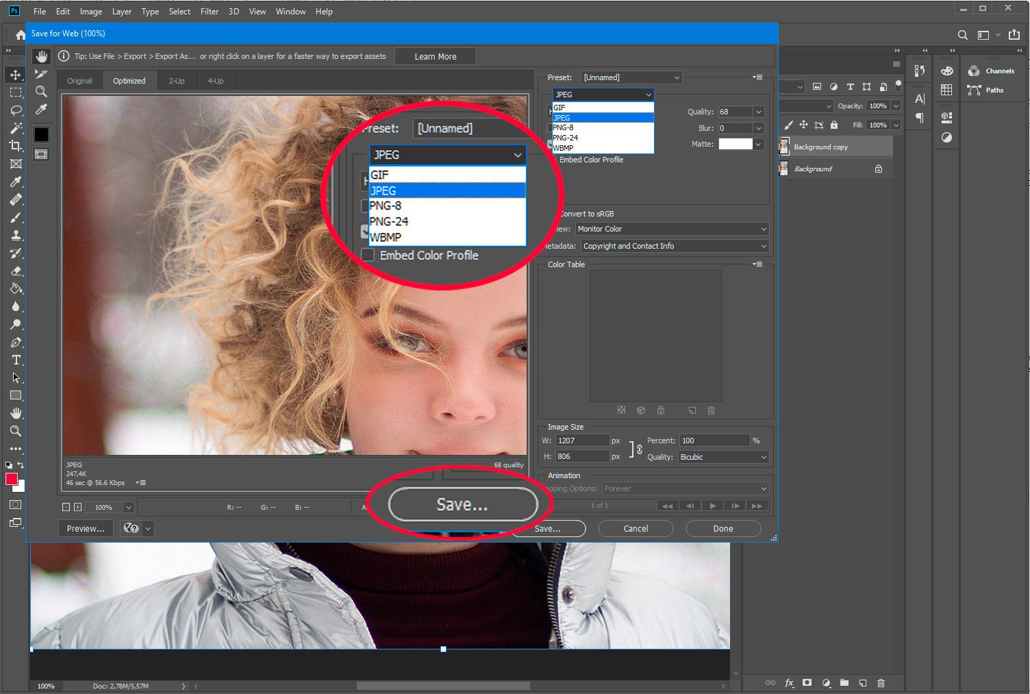 Adobe Photoshop. Salva PSD per il web in jpg..
