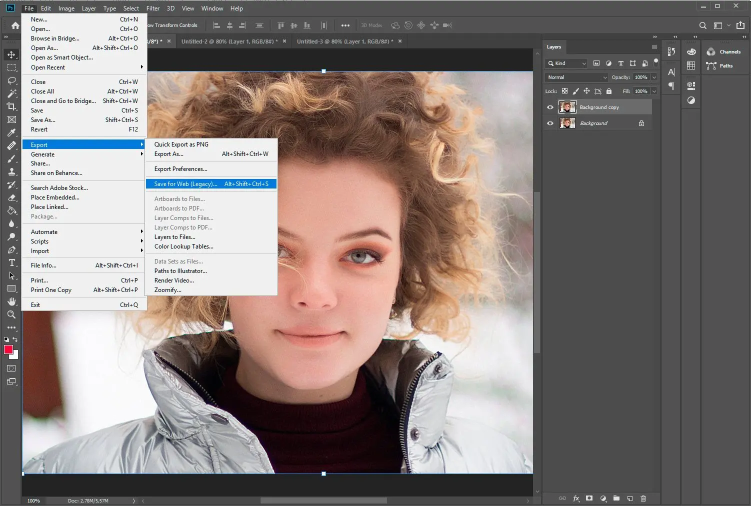 Adobe Photoshop. Scegli di salvare per il web..