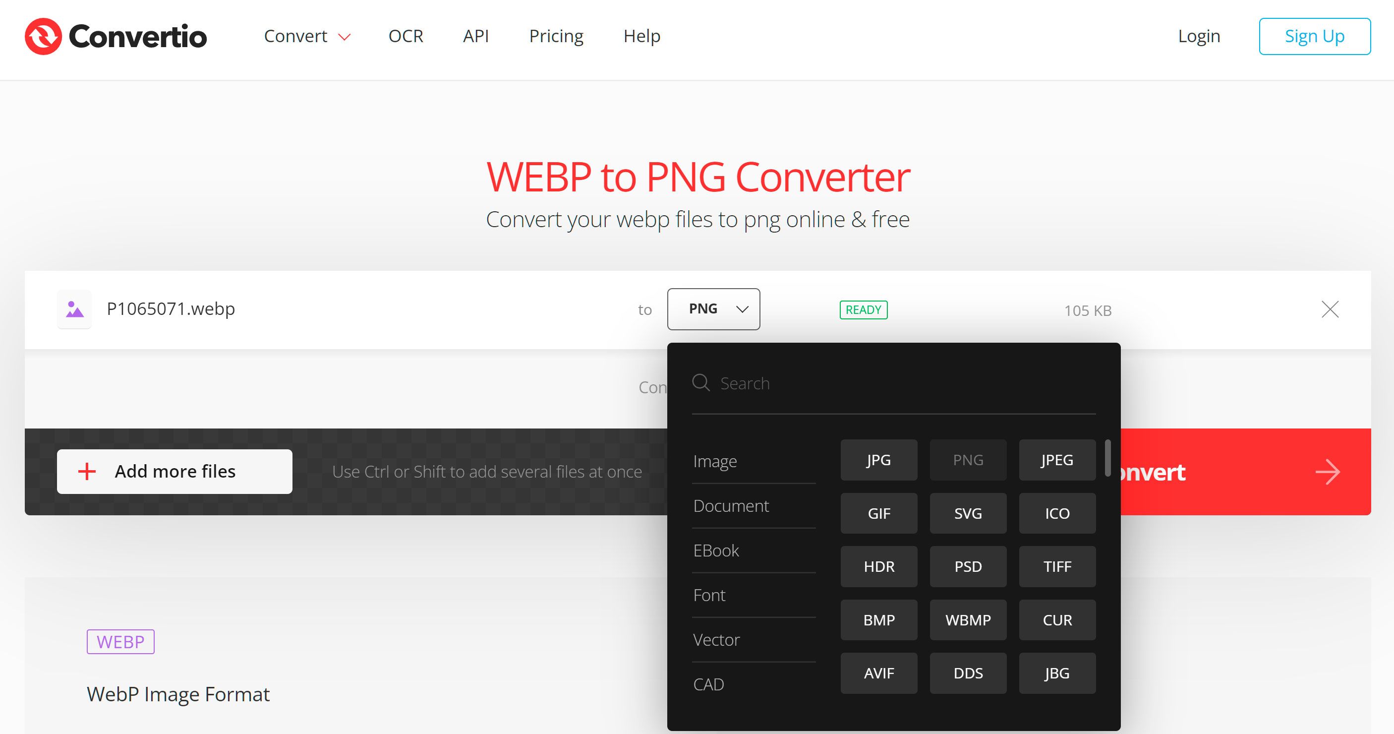 Seleziona il formato PNG per la conversione da WebP online..