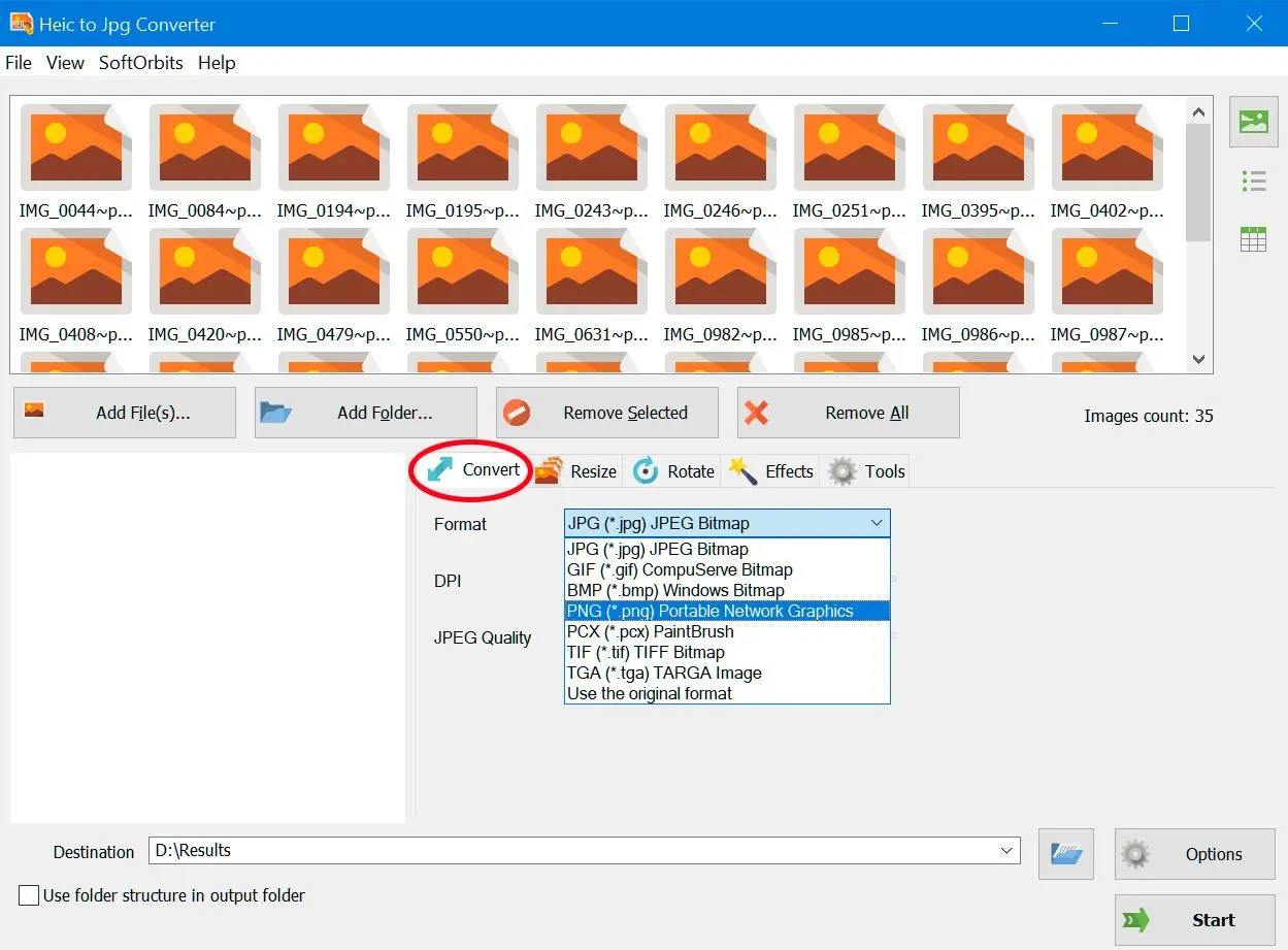 Selezionare PNG per convertire da heic..