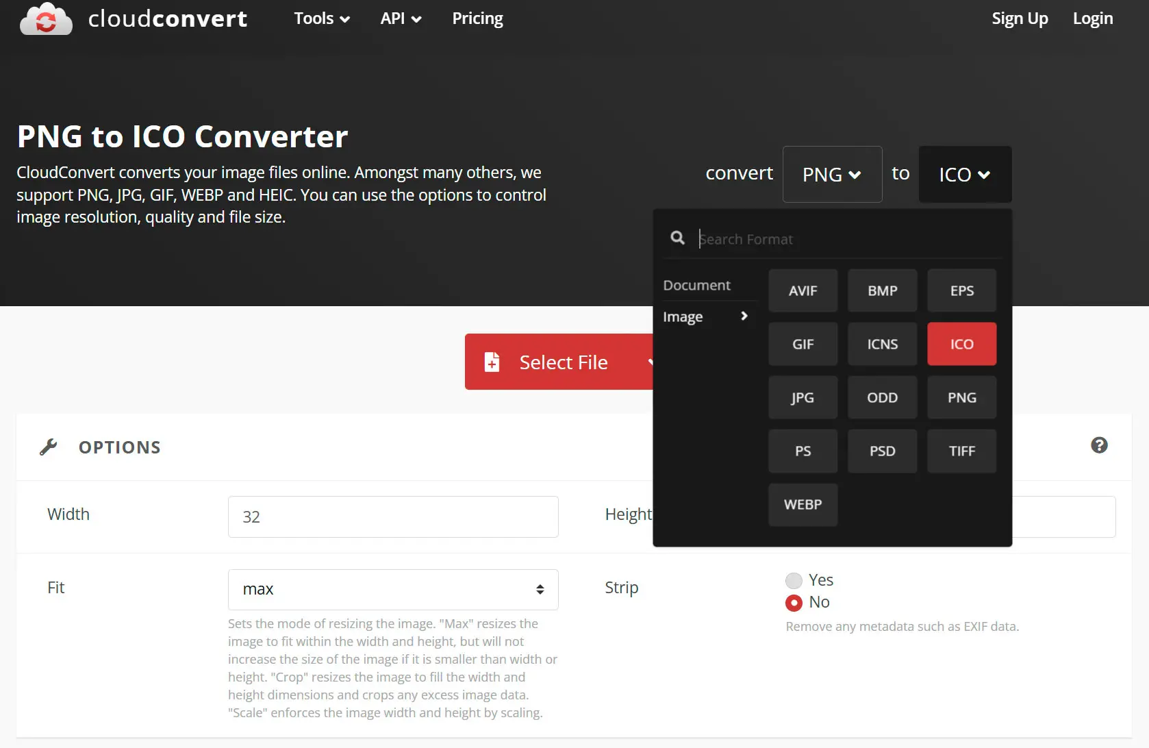 CloudConvert: png a icona..