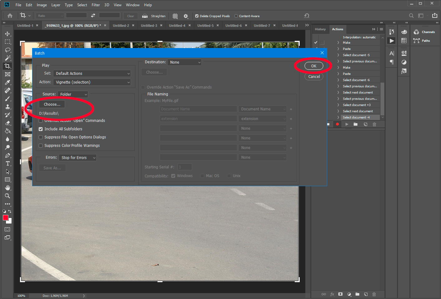 Avvia azione di ridimensionamento immagine in Photoshop.