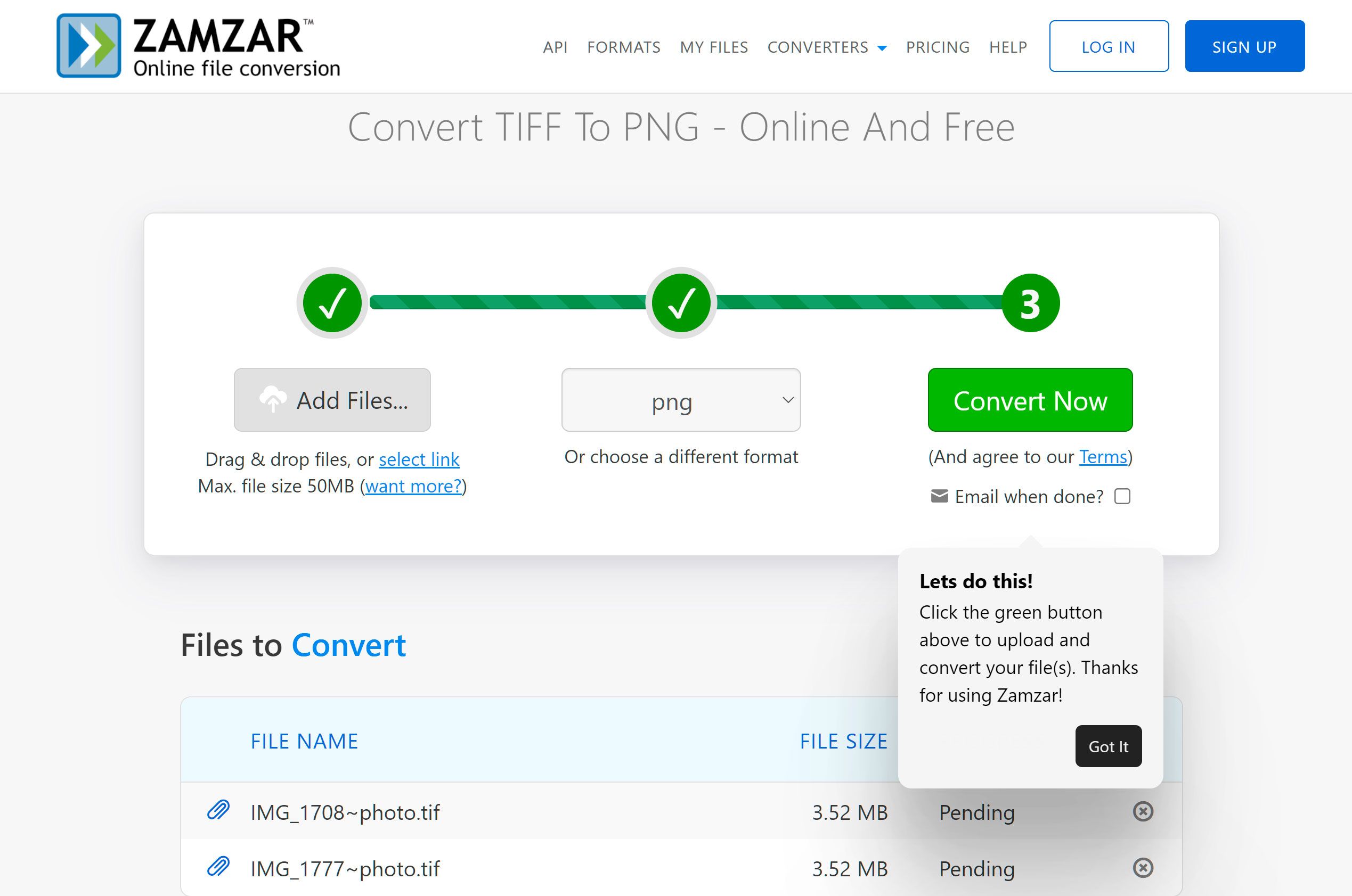Aggiungi file per Convertire TIFF in PNG Online..