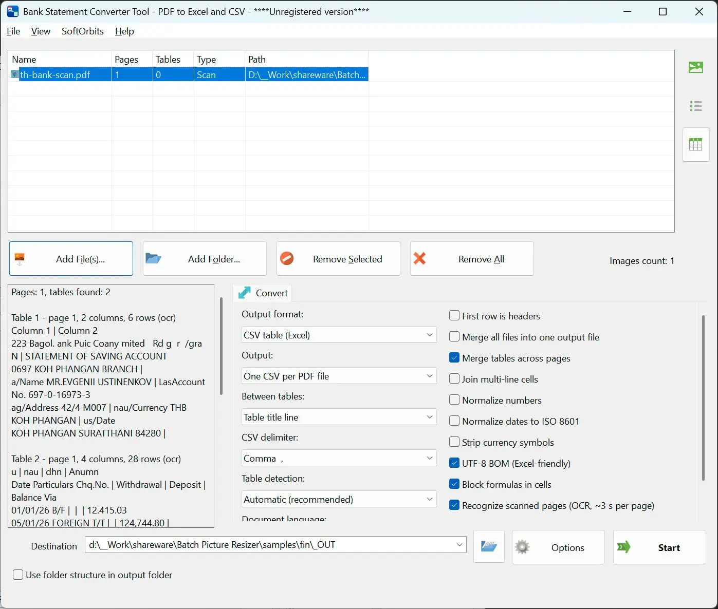 PDF to CSV Converter Screenshot.