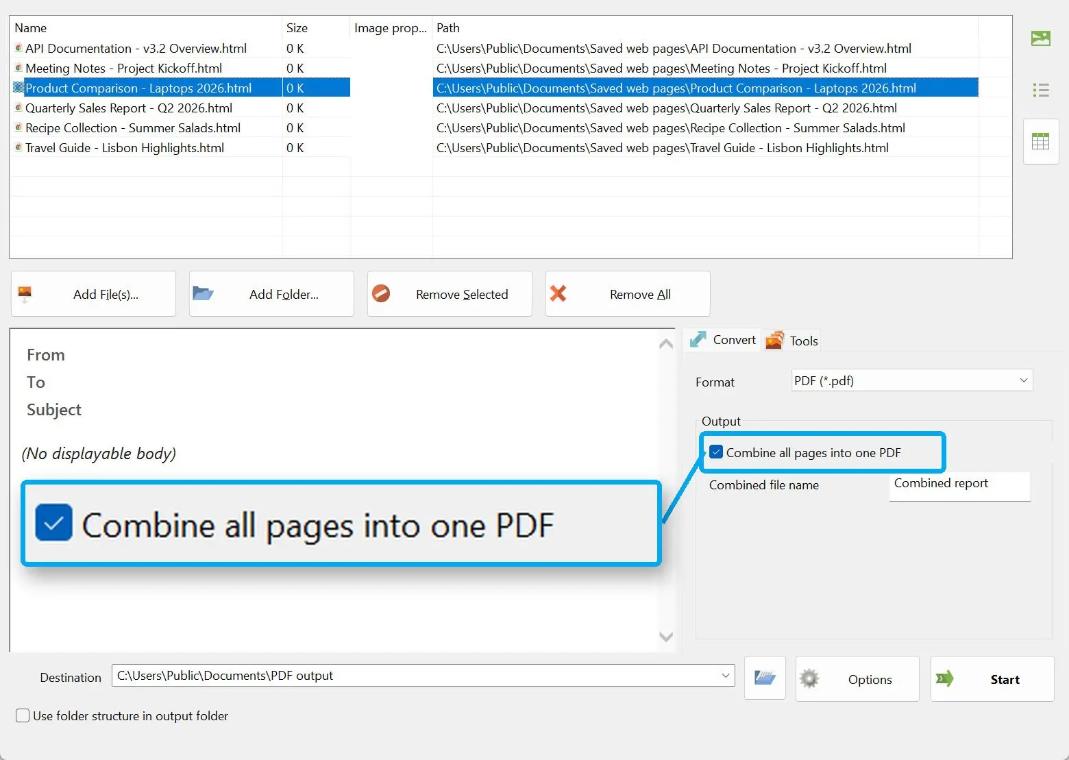 Seleziona Unisci tutte le pagine in un unico PDF.