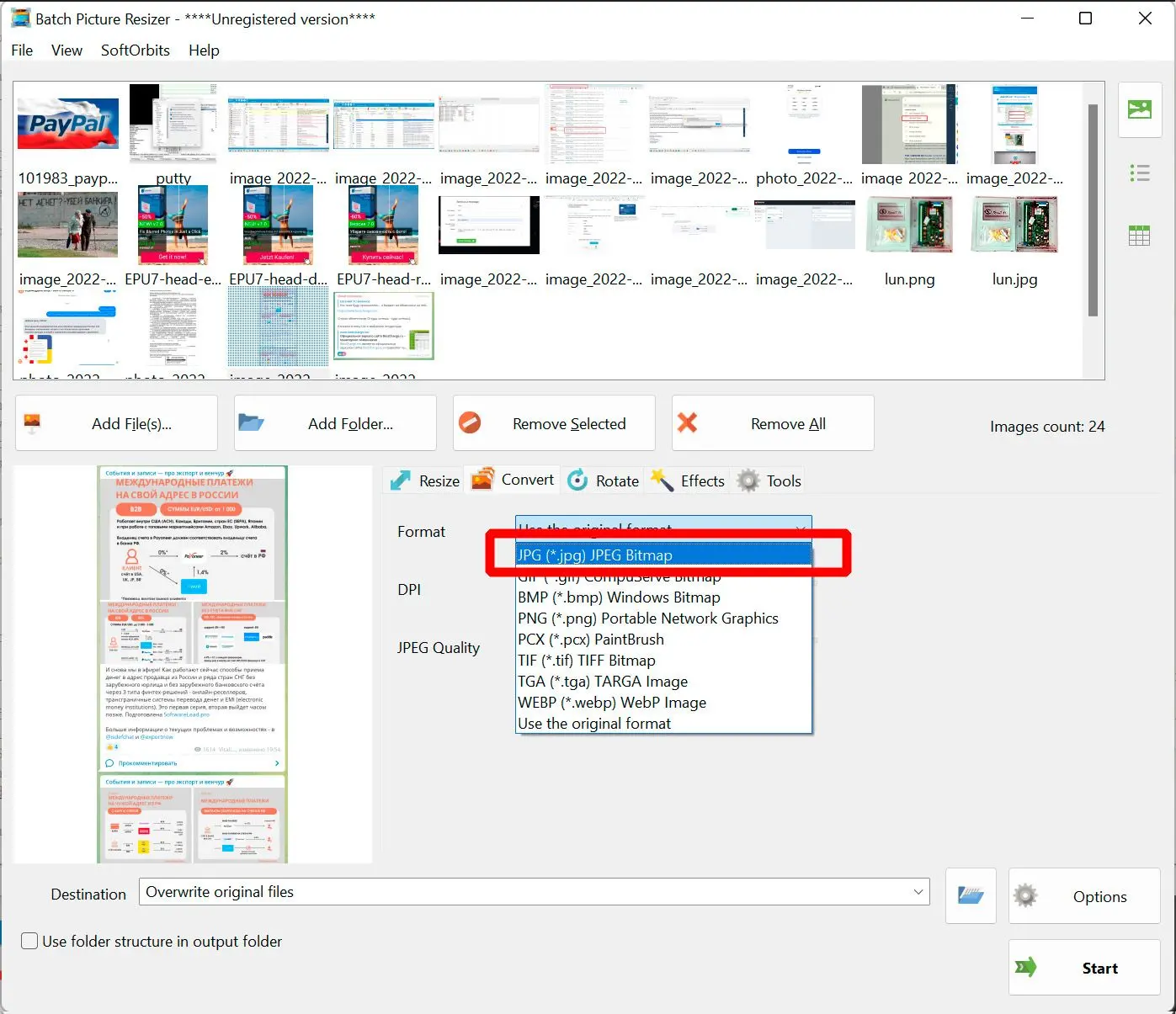 Scegliere JPEG come formato di output.