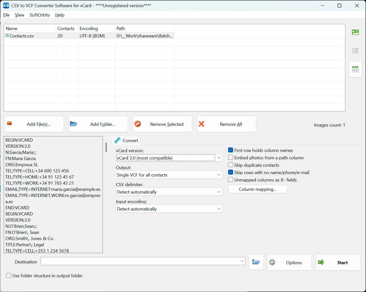 CSV to VCF Converter Software for vCard Screenshot.
