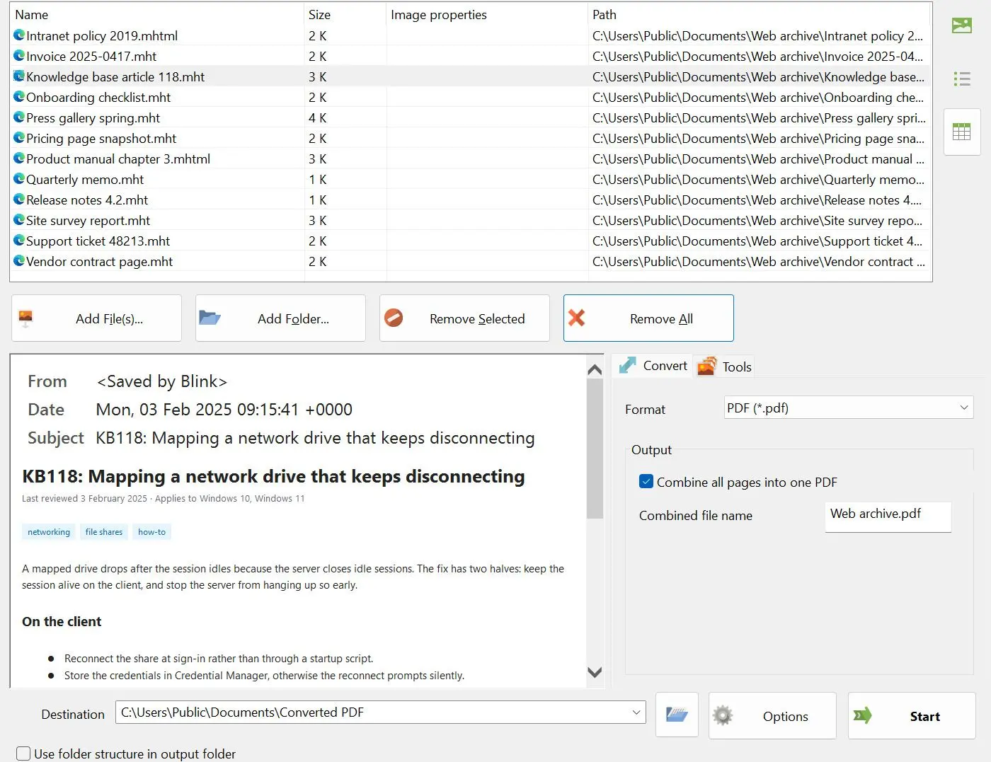 MHTML to PDF Converter Screenshot.