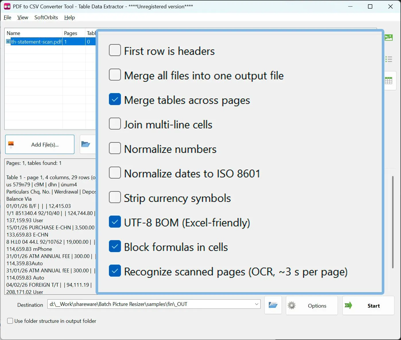 Personalizza le opzioni del file CSV.