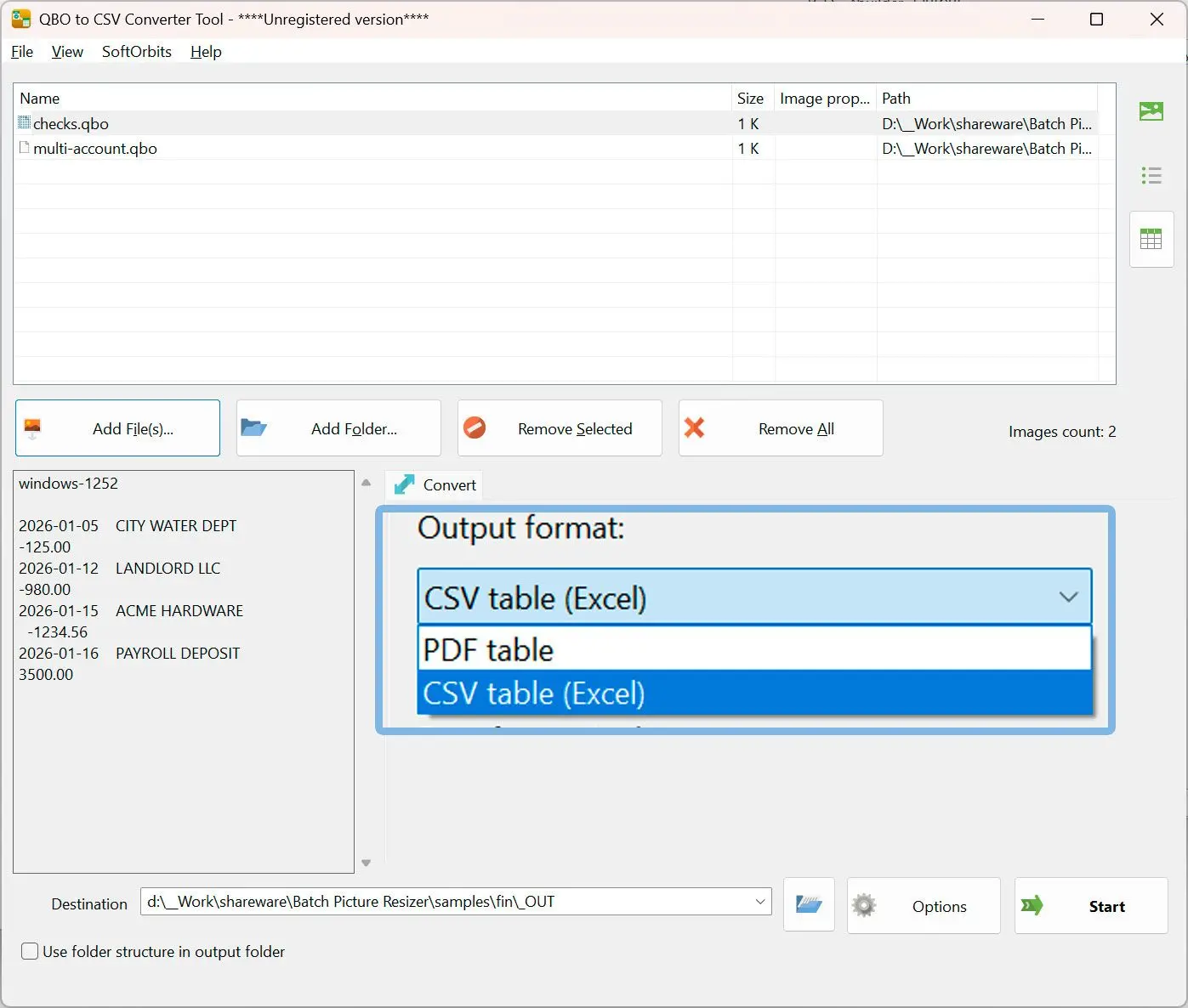 Selezione del formato CSV.