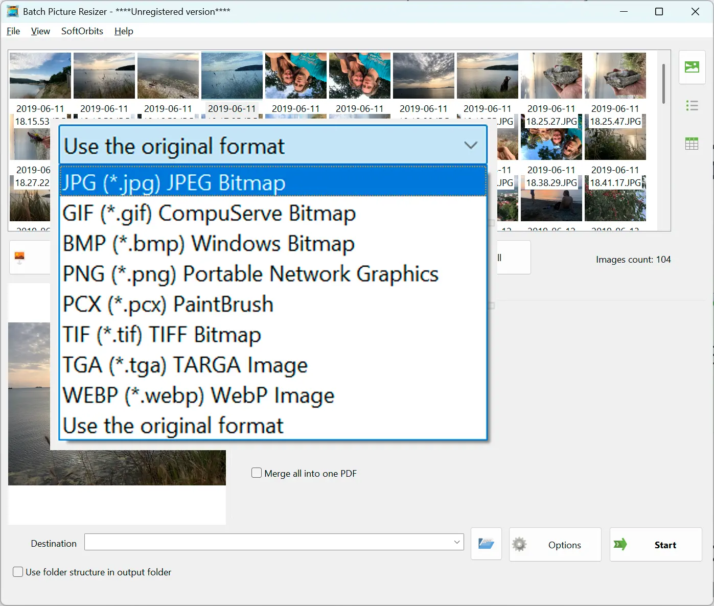 Seleziona JPG come output.
