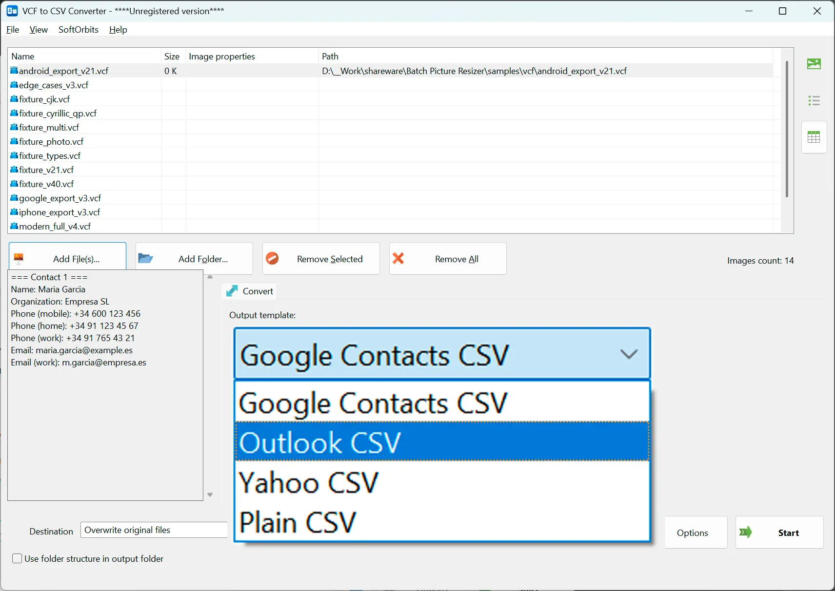 Scegli un preset CSV e le opzioni.