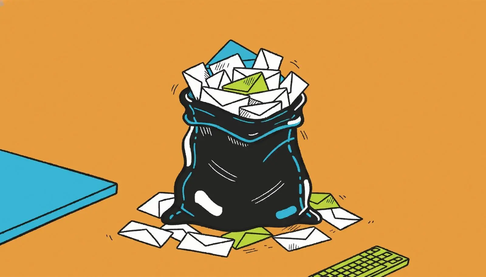Un sacco della posta strapieno da cui fuoriescono buste da lettere.